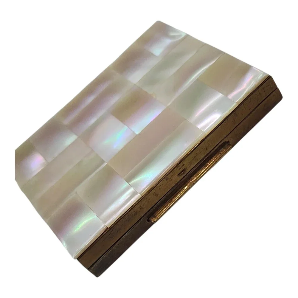 Vintage Mother of Pearl Inlay Powder Compact Basket Weave Gold Tone Mirror